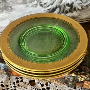 Set of 4 Antique Green Uranium Glass Plates w/ Gold Encrusted Rim, Tiffin